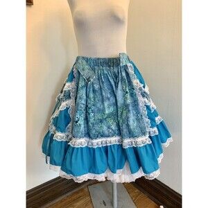 Fun Fancy Originals Square Dance Skirt Belted Front Gunne Floral Lace Blue Ribbo